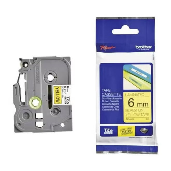 Brother Label Tape 6MM TZe-611 - Black Text on Yellow, Laminated for Durability