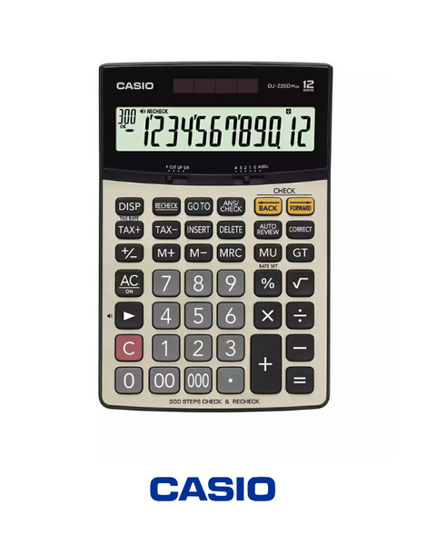آلة حاسبة Casio DJ-220DPlus المكتبية - آلة حاسبة تجارية متقدمة مكونة من 12 رقمًا مع وظائف الضرائب والعملة
