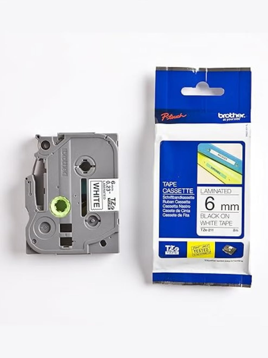 Brother Label Tape 6MM TZe-211 - Black on White, Durable Laminated Labels