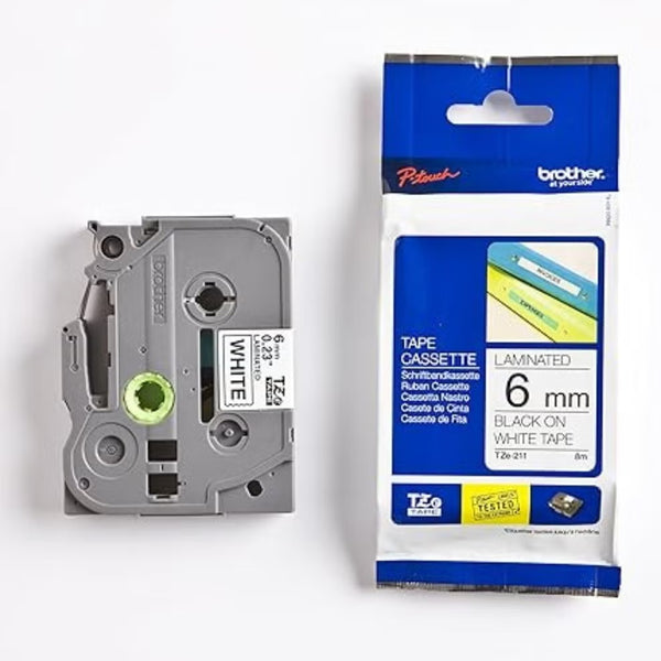 Brother Label Tape 6MM TZe-211 - Black on White, Durable Laminated Labels
