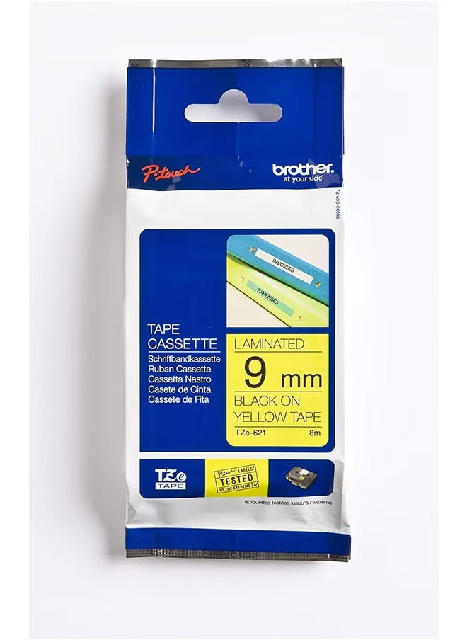 Brother Label Tape 9MM TZe-621 - Black Text on Yellow, Durable Laminated