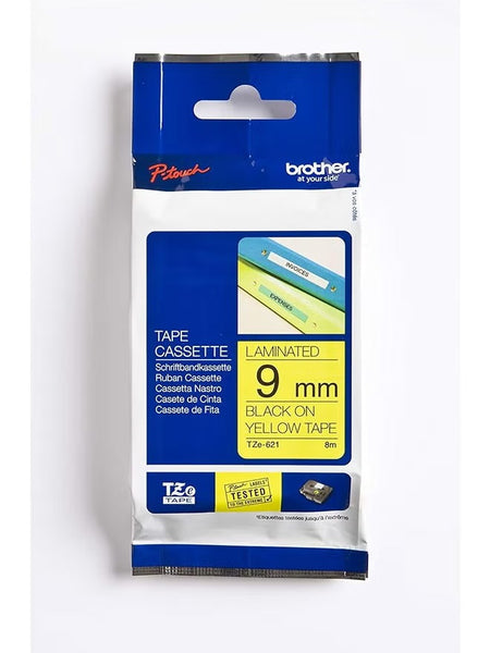 Brother Label Tape 9MM TZe-621 - Black Text on Yellow, Durable Laminated