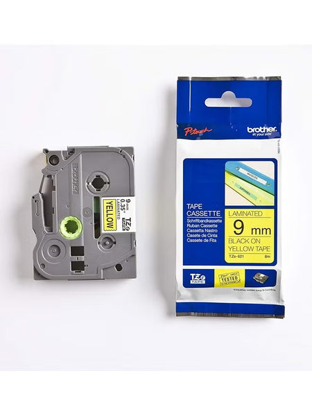 Brother Label Tape 9MM TZe-621 - Black Text on Yellow, Durable Laminated
