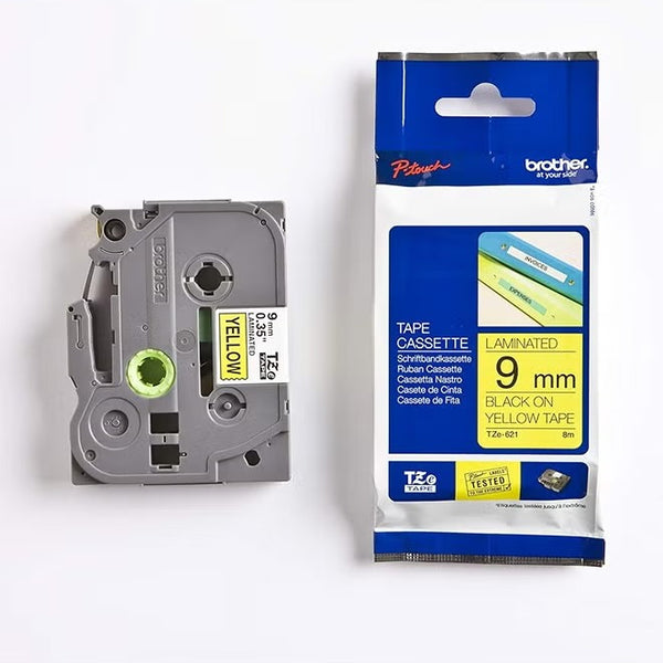 Brother Label Tape 9MM TZe-621 - Black Text on Yellow, Durable Laminated